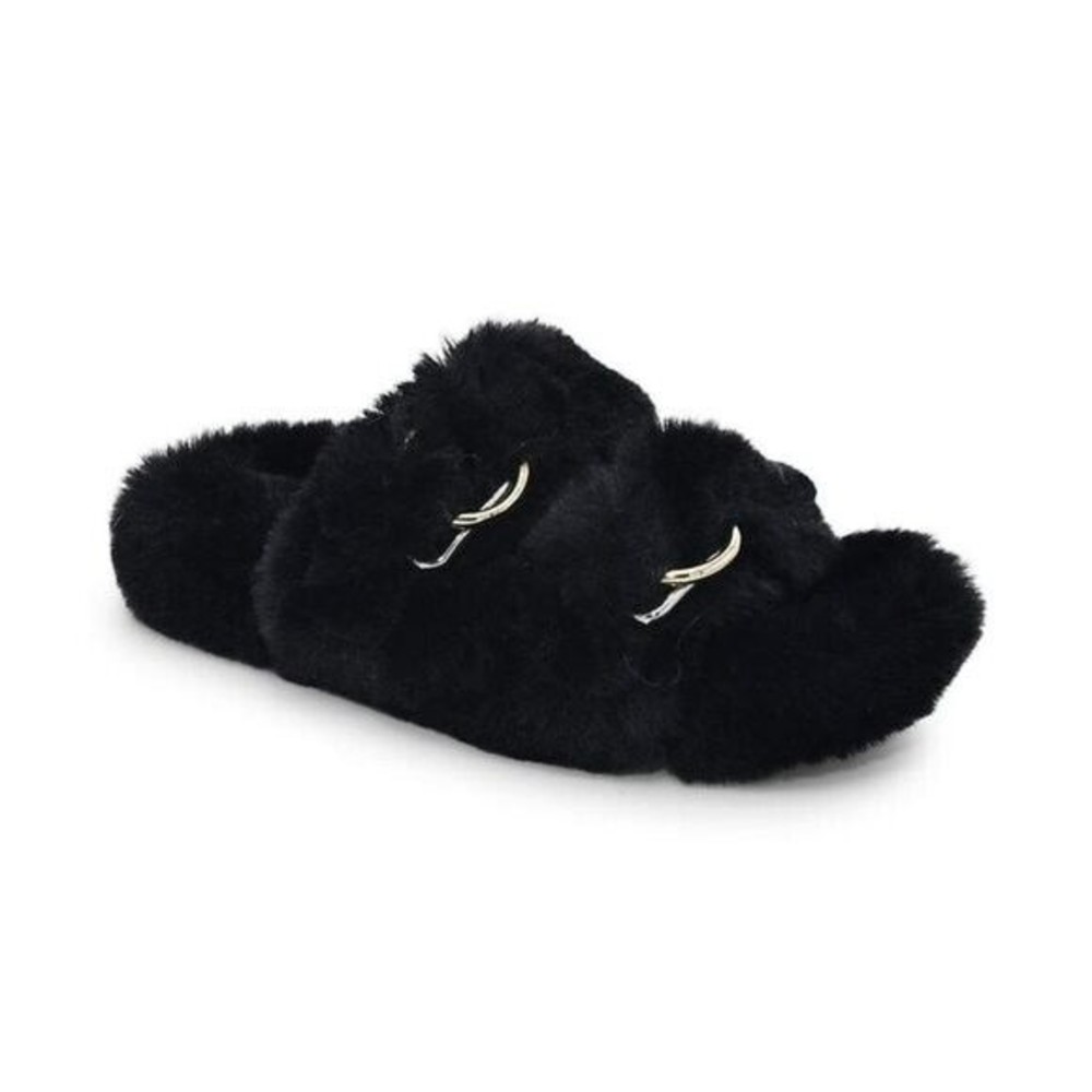J/Slides Urban Sport Women Black  Faux Fur Double Strap Bree Slide Slipper 8